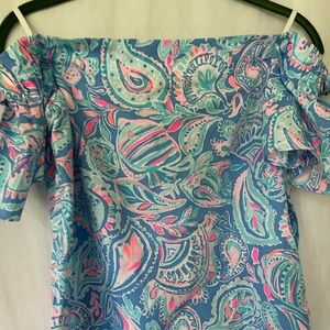 NWT LILLY PULITZER ZANZIBAR BLUE FISH KISS TAMARA OFF THE SHOULDER TOP XS
